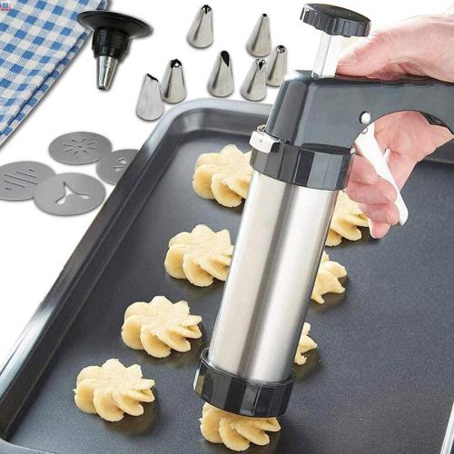 Cookie Press Set,Stainless Steel Cookie Maker Biscuit Press Gun Set with 8 Discs Molds & 8 Icing Nozzles Tips for DIY Biscuit Maker and Decoration